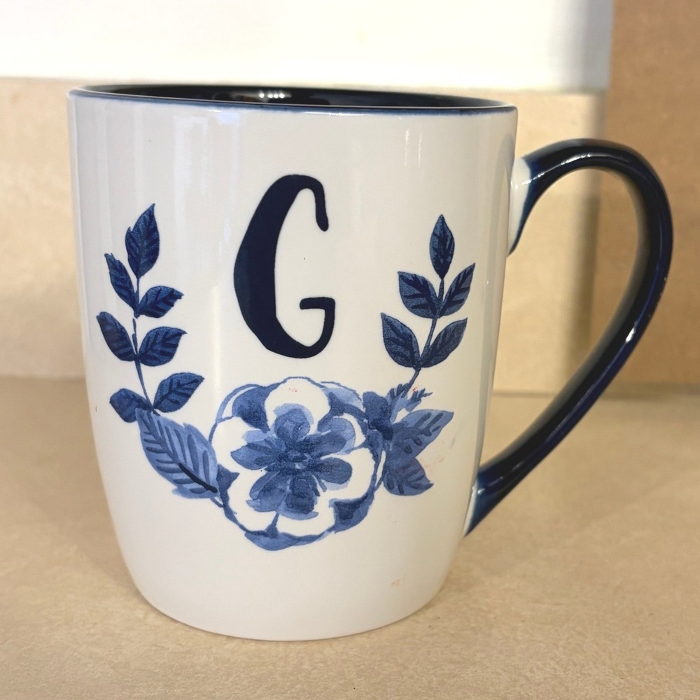 Kirklands Monogram G Coffee Mug Blue White Floral Ceramic Initial Tea Cup